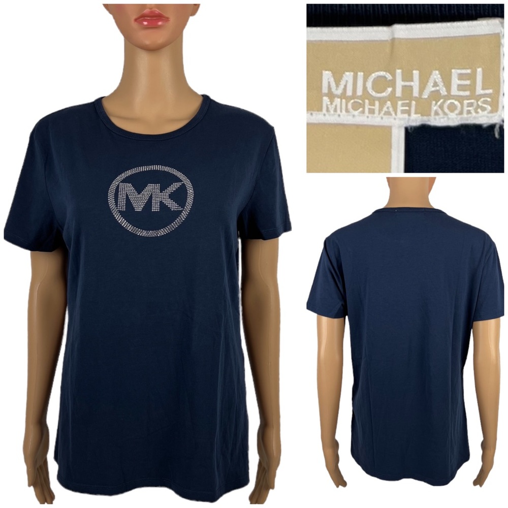 Michael Kors Womens Large Shirt Tee Blue Short Sleeve Cotton Stretch Embellished